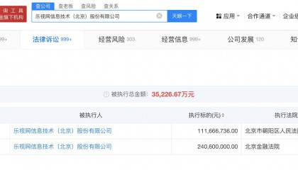 乐视网被强制执行超1.1亿元人民币