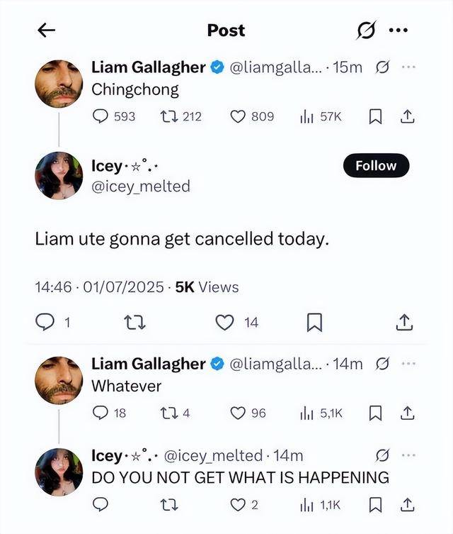 Oasis主唱发表辱华言论后道歉,大量粉丝删除歌曲收藏